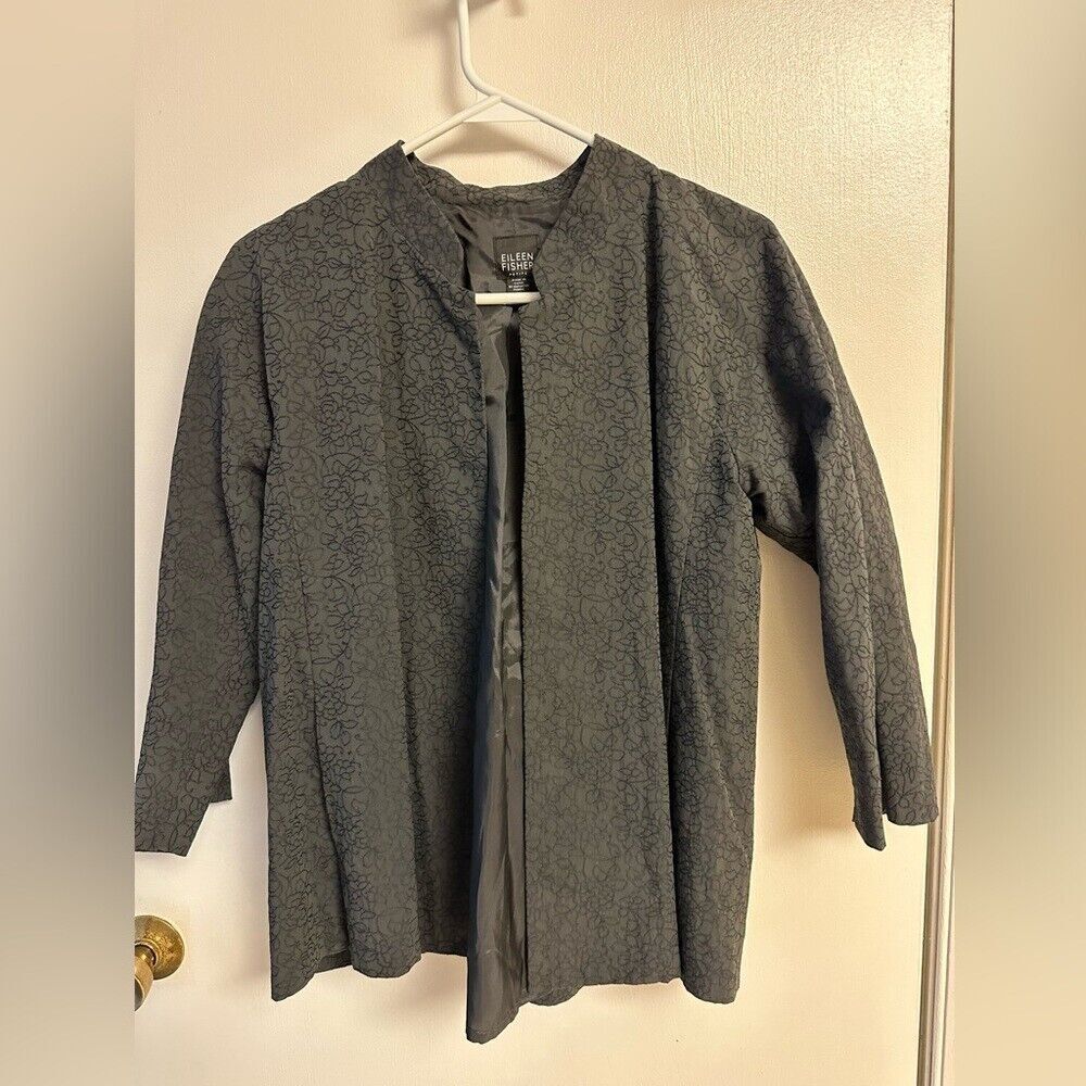 Eileen Fisher Jacket Embroidered Open Front Pocket 3/4 Sleeve Black M *P EUC